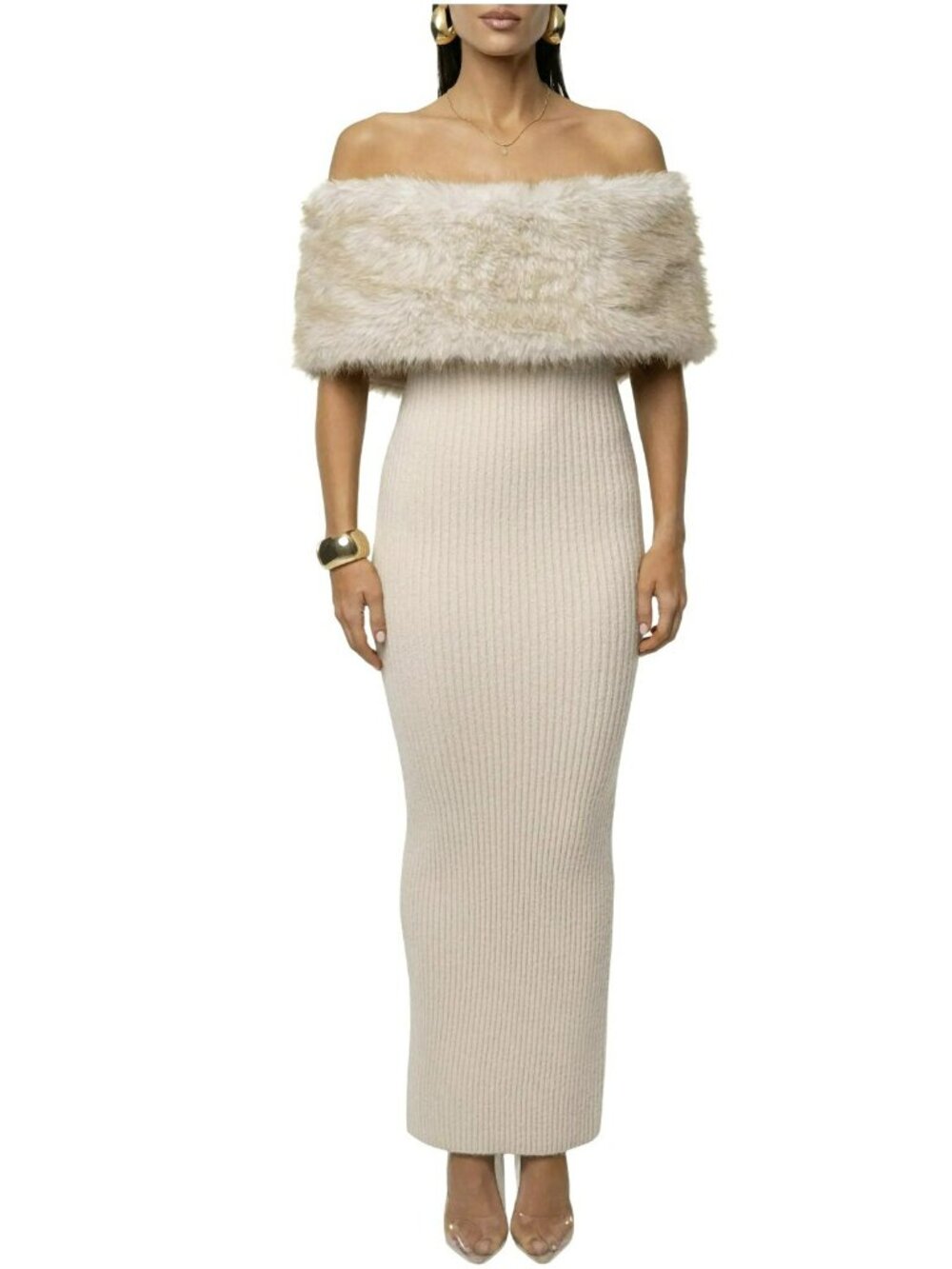 Revolve JLuxLabel Faux Fur Detail Off Shoulder Rib Knit Midi Dress New